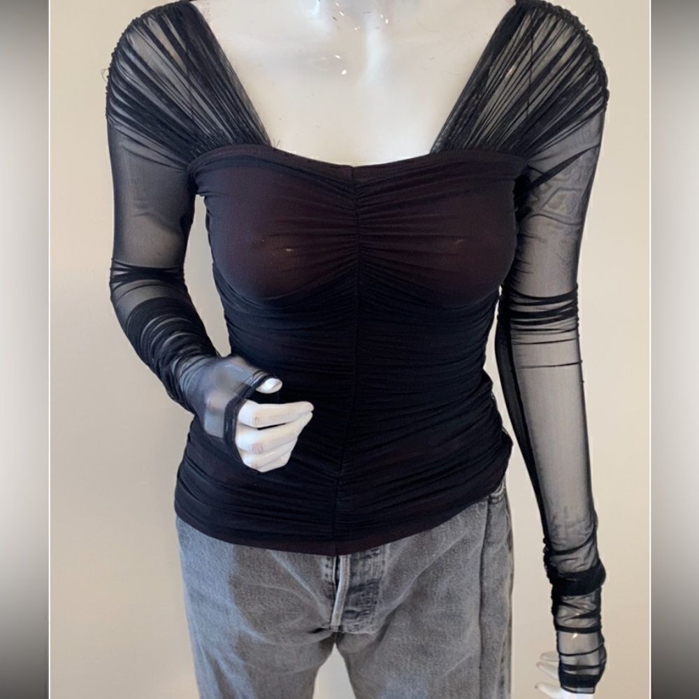 A.L.C. Jackie Ruched Tulle Semi Sheer Long Sleeve Mesh Top Black w Red Underlay